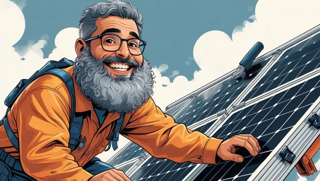 Tucny sedivy bradaty kuceravy vesely revizny technik v okuliaroch lezie po sikmej streche na fotovoltike 2